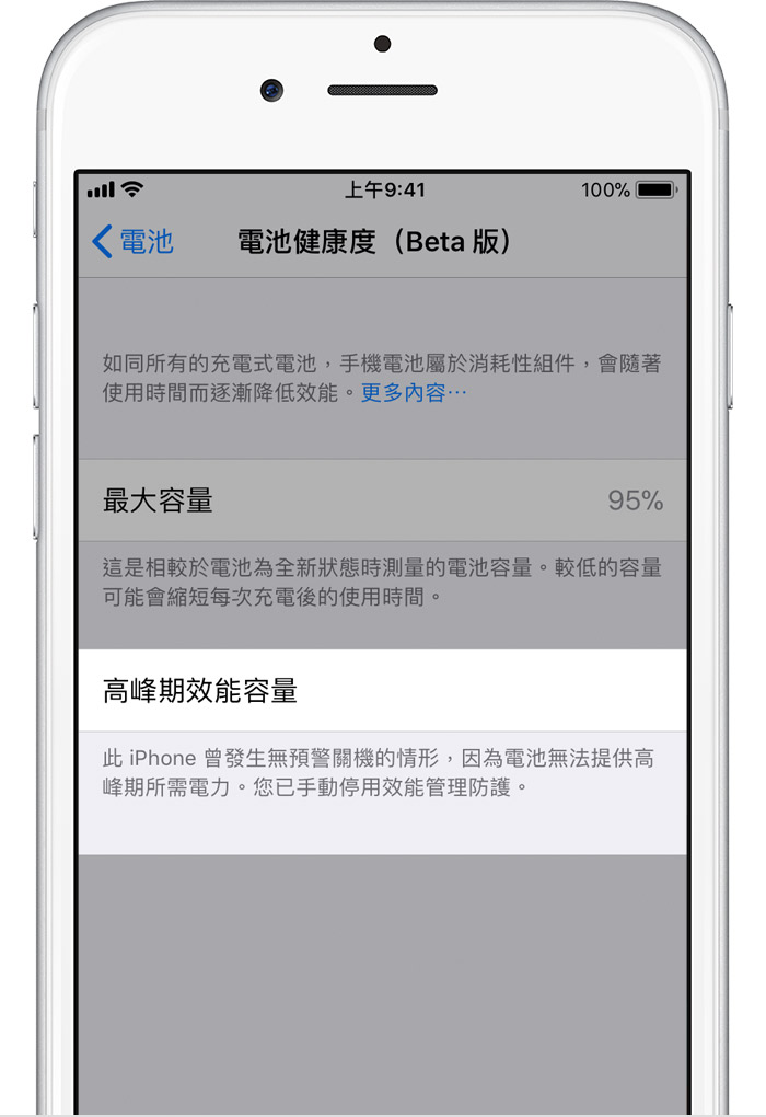此 iPhone 曾發生無預警關機的情形，因為電池無法提供高峰期所需電力。您已手動停用效能管理防護。