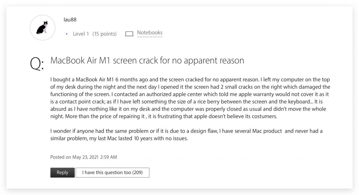 M1 MacBook Pro M1 MacBook Air 災情 螢幕裂痕