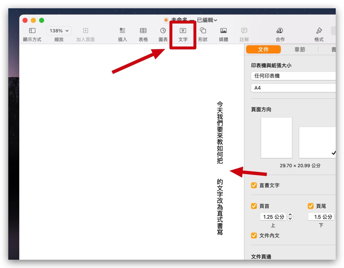 Pages 文字 直式 數字 橫式 水平 旋轉文字