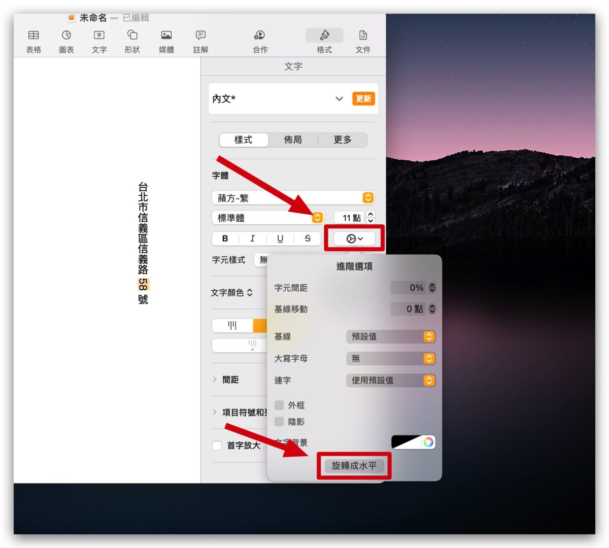 Pages 文字 直式 數字 橫式 水平 旋轉文字