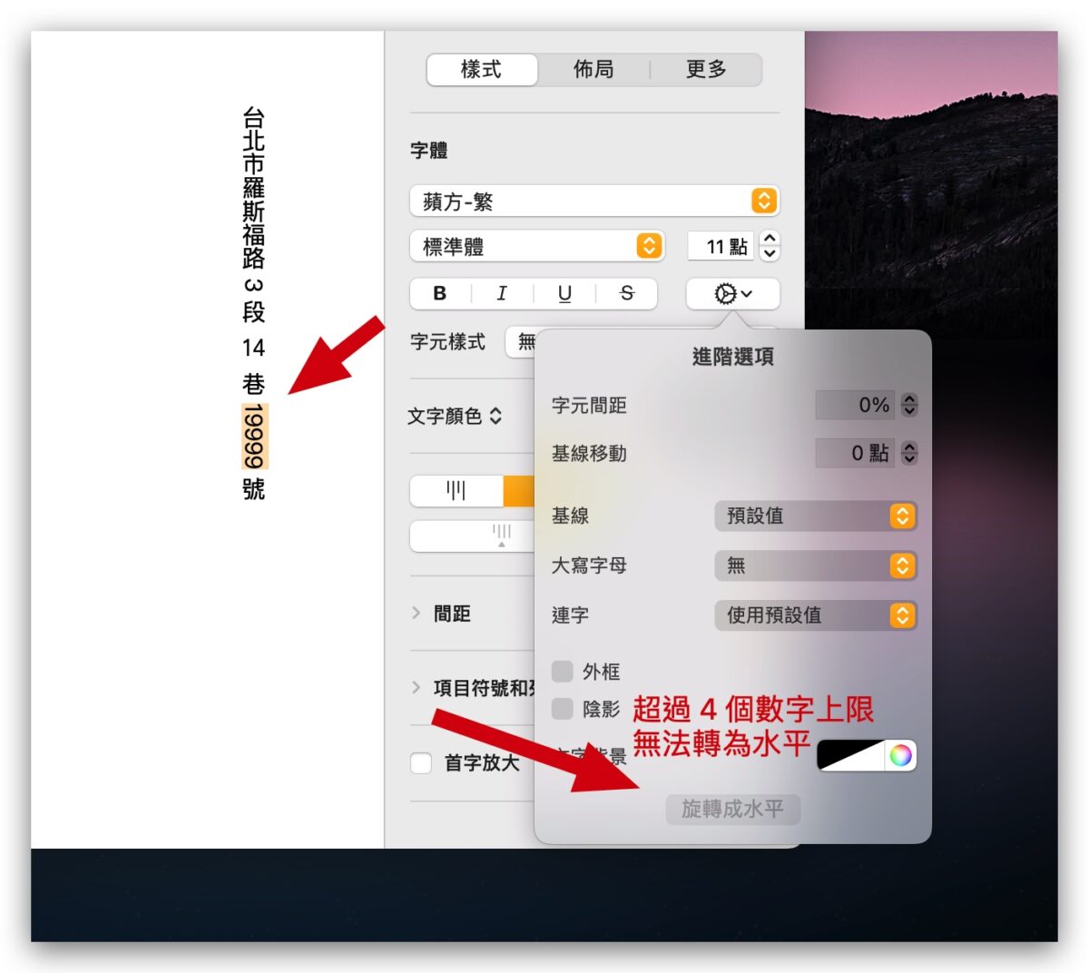 Pages 文字 直式 數字 橫式 水平 旋轉文字