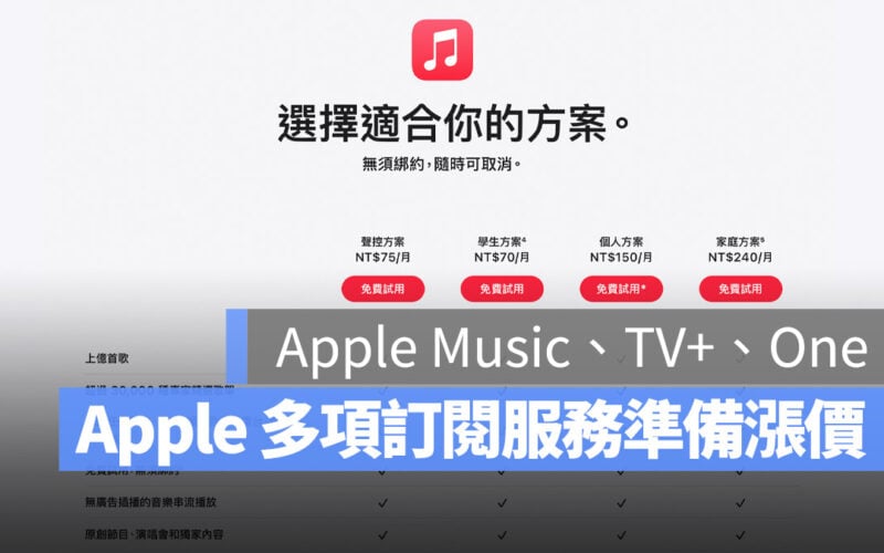 Apple Music Apple TV+ Apple One 漲價