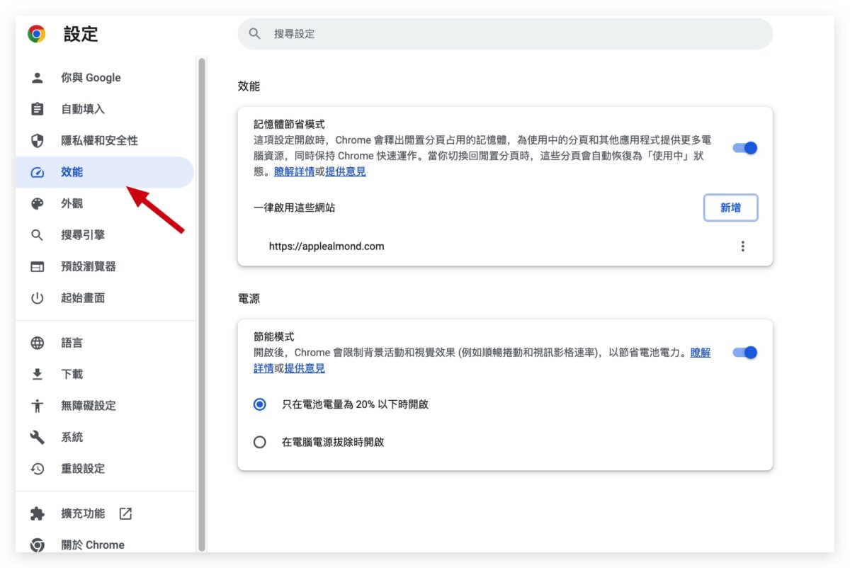 Google Chrome 記憶體節省 電源節省 節電 釋放記憶體