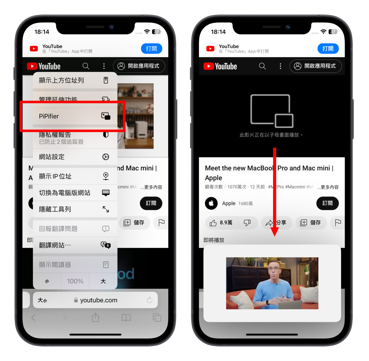 PiPifier iPhone 子母畫面 YouTube