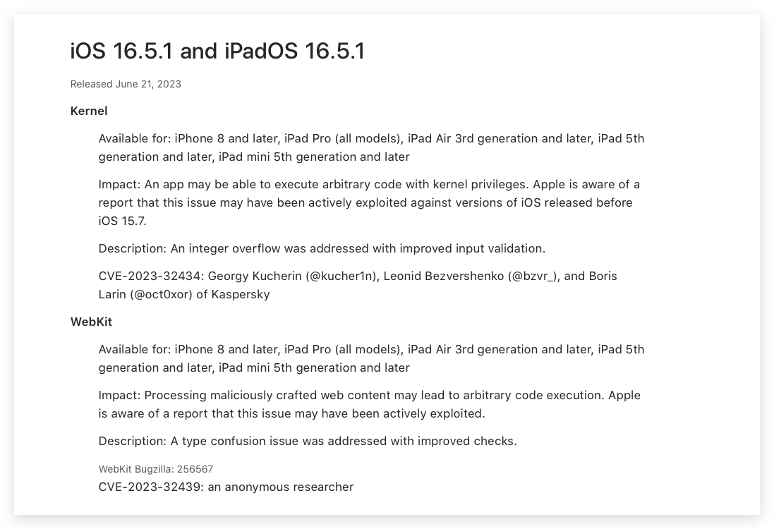 iOS iOS 16 iOS 16.5.1 iPadOS 16.5.1 macOS 13.4.1 watchOS 9.5.2