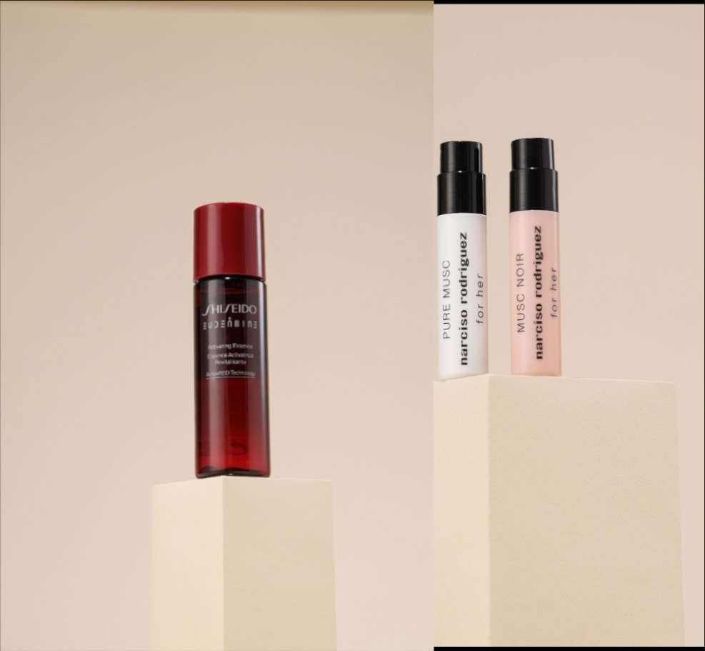 「SHISEIDO資生堂國際櫃」紅色活酵超導奇蹟露 30ml,市價630元。NARCISO RODRIGUEZ 淡香精「NARCISO RODRIGUEZ」純粹繆思/深情繆思淡香精 0.8mlx2,市價500元。