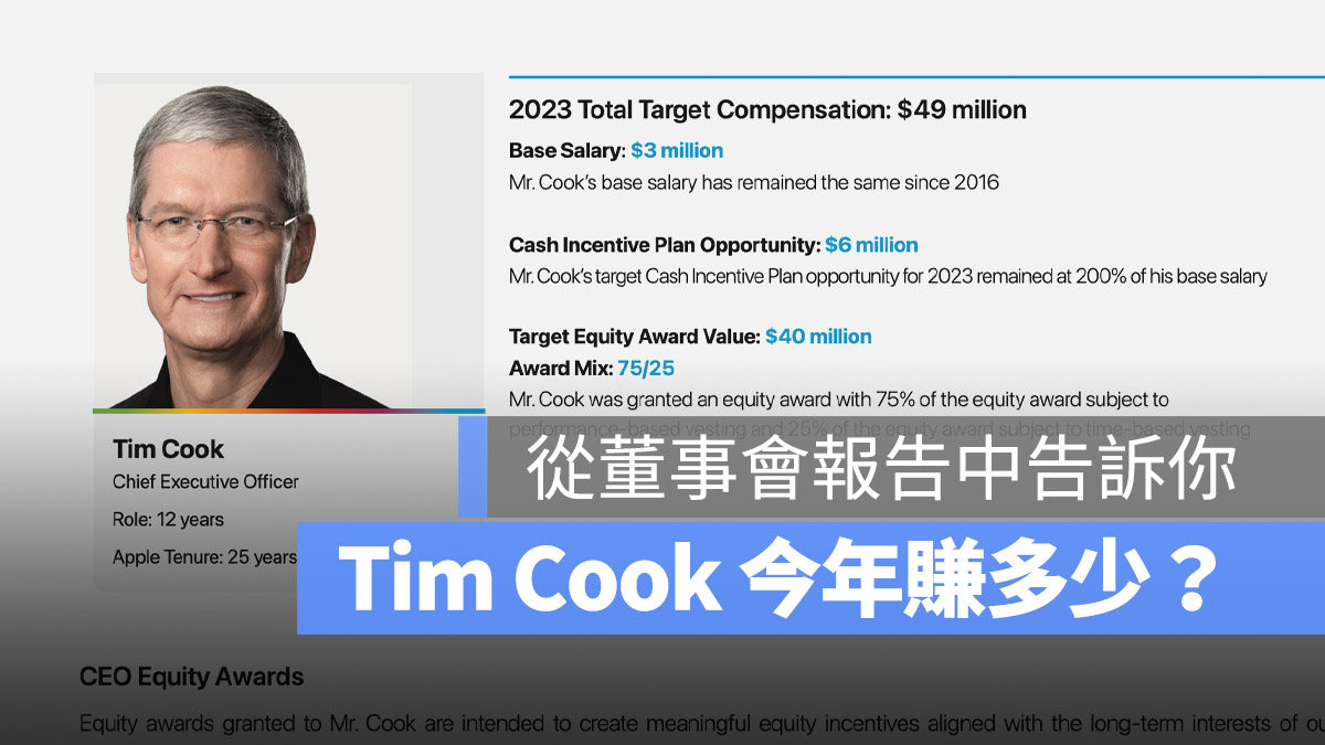 Tim Cook 薪資結構 獎勵機制