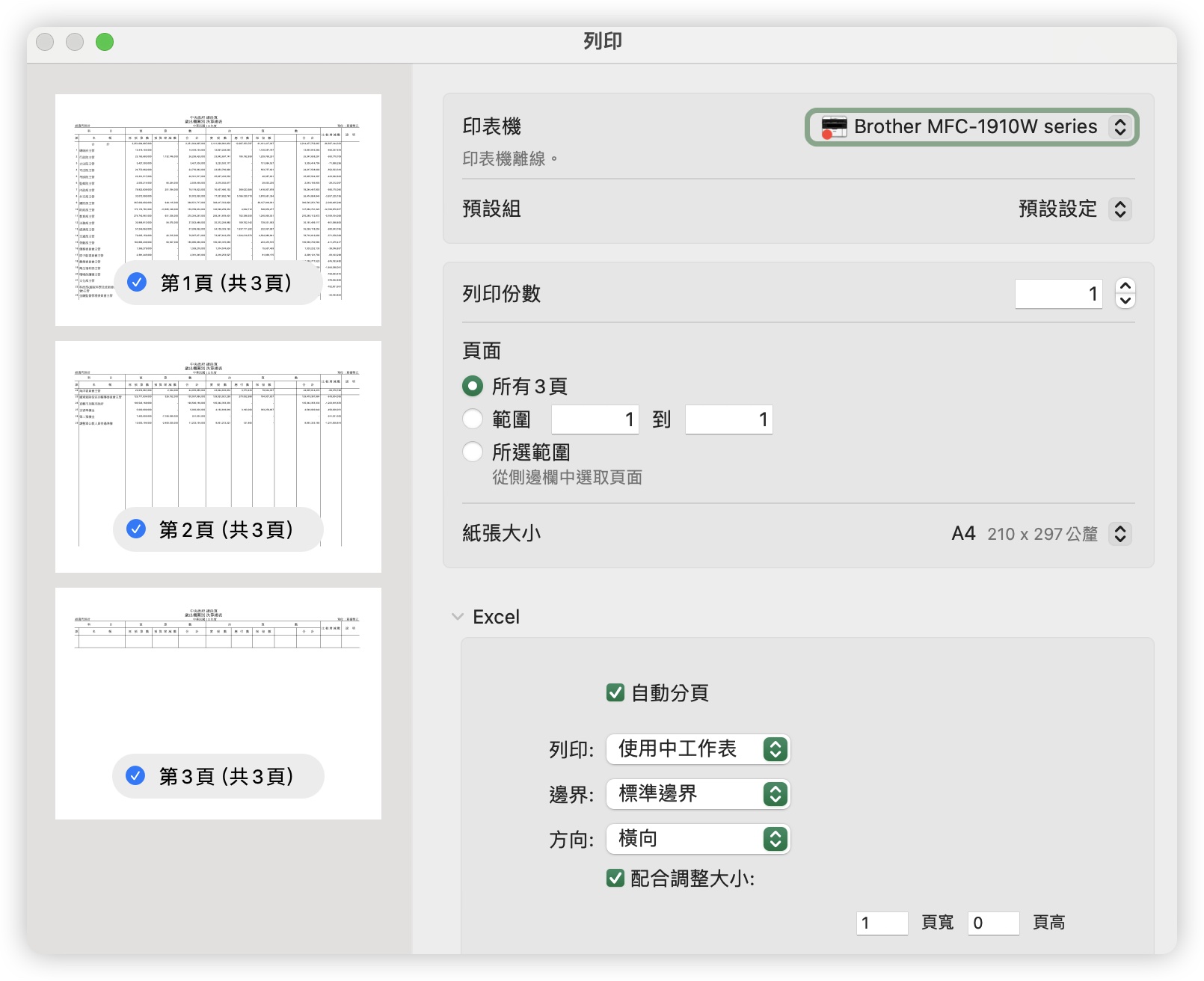 Excel 列印滿版 同一頁