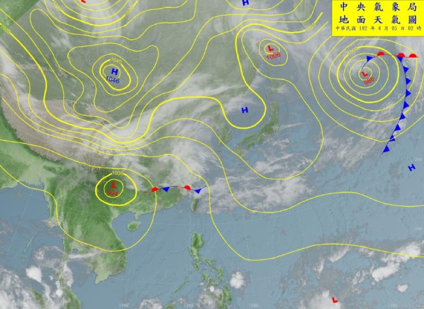 2013年4月5日疊加衛星雲圖的地面天氣圖。圖源:台灣氣象局