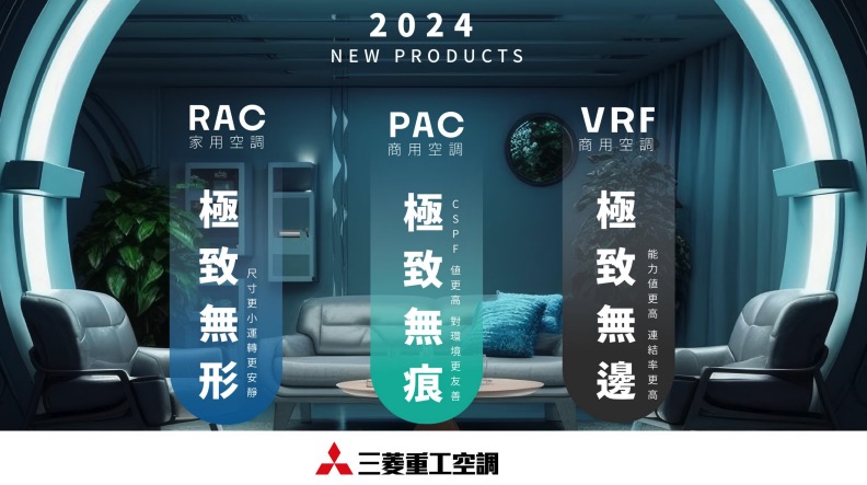 三菱重工空調自 2023 年宣布攜手總代理商上洋產業深度耕耘台灣市場，4 月 24 日更大動作展示「源自航太」的重工級精密技術精粹，兼具高效節能、美觀舒適的全新家用、商用、VRF空調全系列產品，不僅彰顯了三菱重工空調產品線的先進與完備