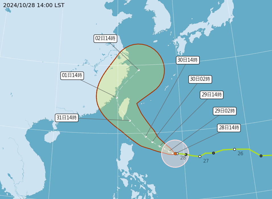 康芮颱風路徑預測，圖源：氣象署官網