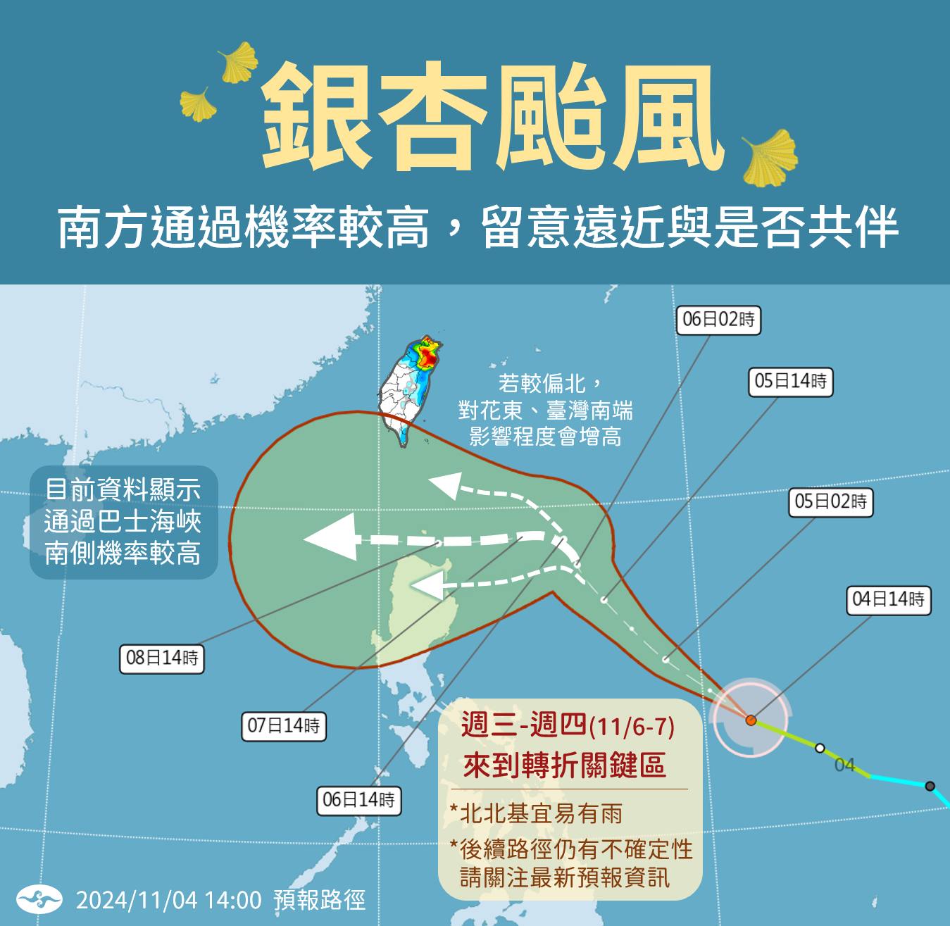 銀杏颱風動態:氣象署預測對台灣天氣影響/氣象署 FB