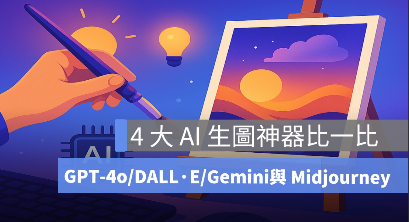 AI 圖像生成工具比較主視覺，融合畫筆、AI 晶片、畫布與靈感燈泡，呈現創作者工作室氛圍的科技感插畫