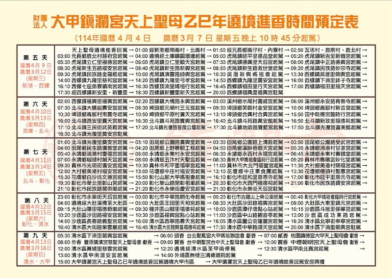 2025 大甲媽祖遶境進香時間預定表(來源：大甲鎮瀾宮)