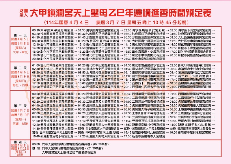 2025 大甲媽祖遶境進香時間預定表(來源：大甲鎮瀾宮)