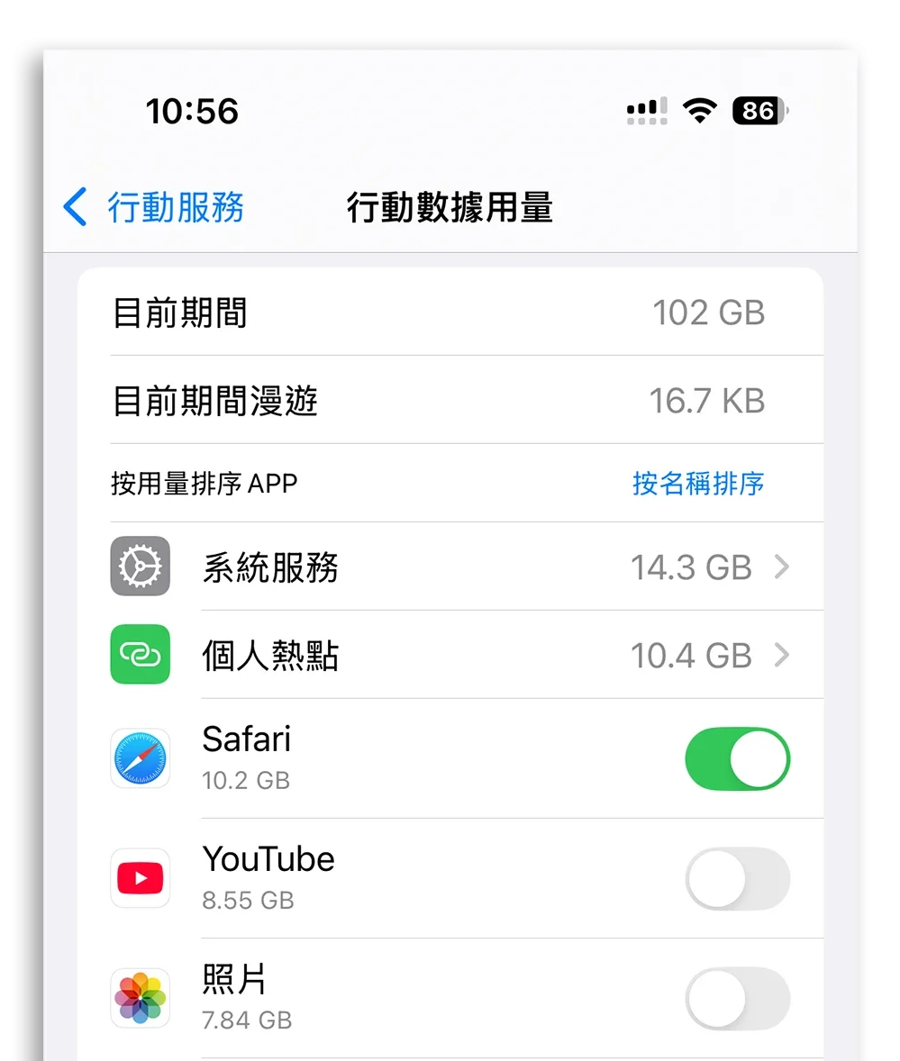 iPhone 行動網路流量