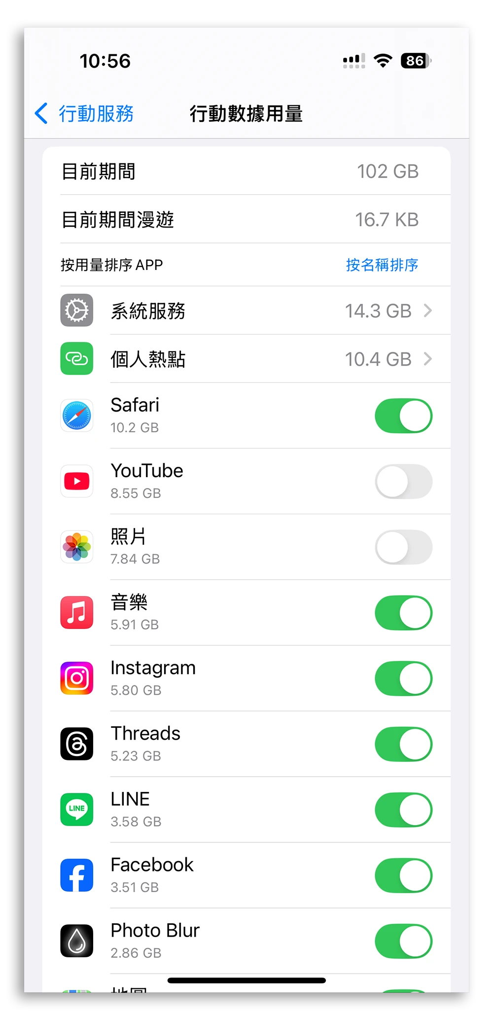 iPhone 行動網路流量