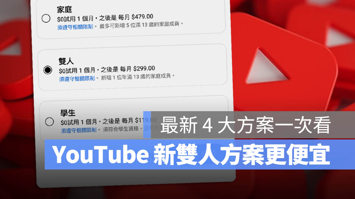 YouTube Premium 漲價 雙人方案