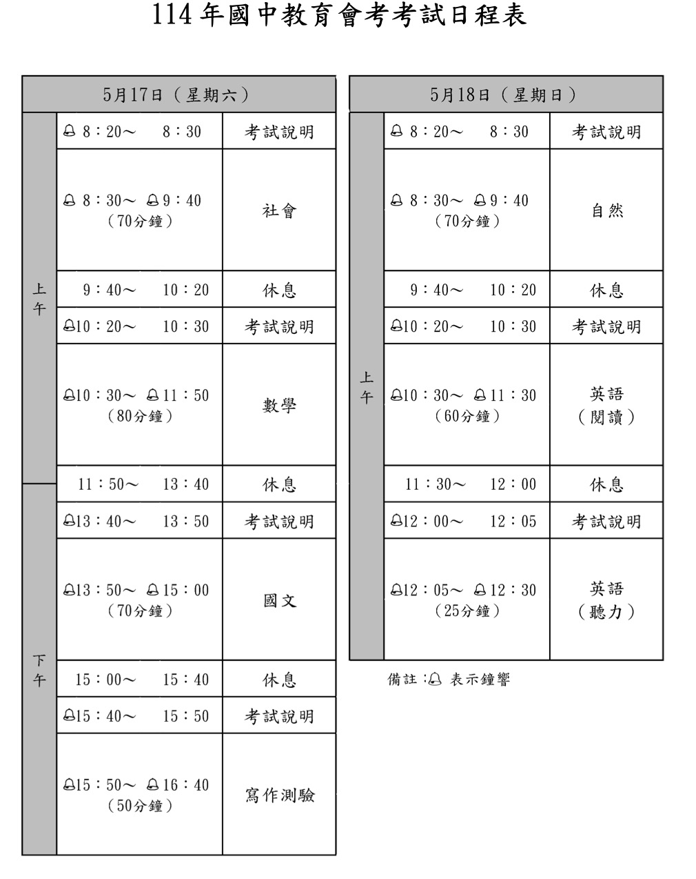 國中會考考試時間表