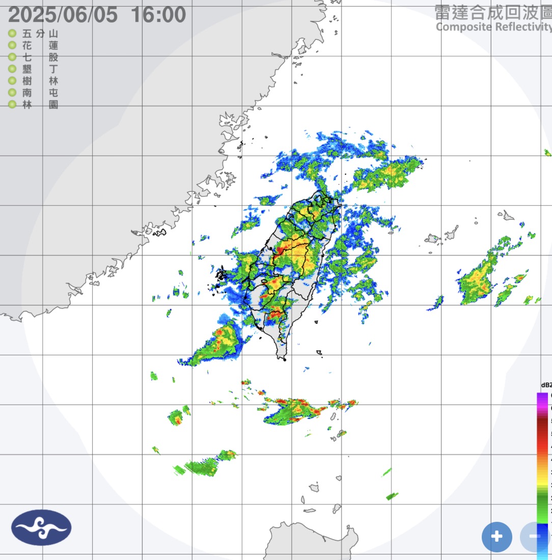 雷達回波顯示，對流雲系發展旺盛，易有短延時強降雨。圖：中央氣象署