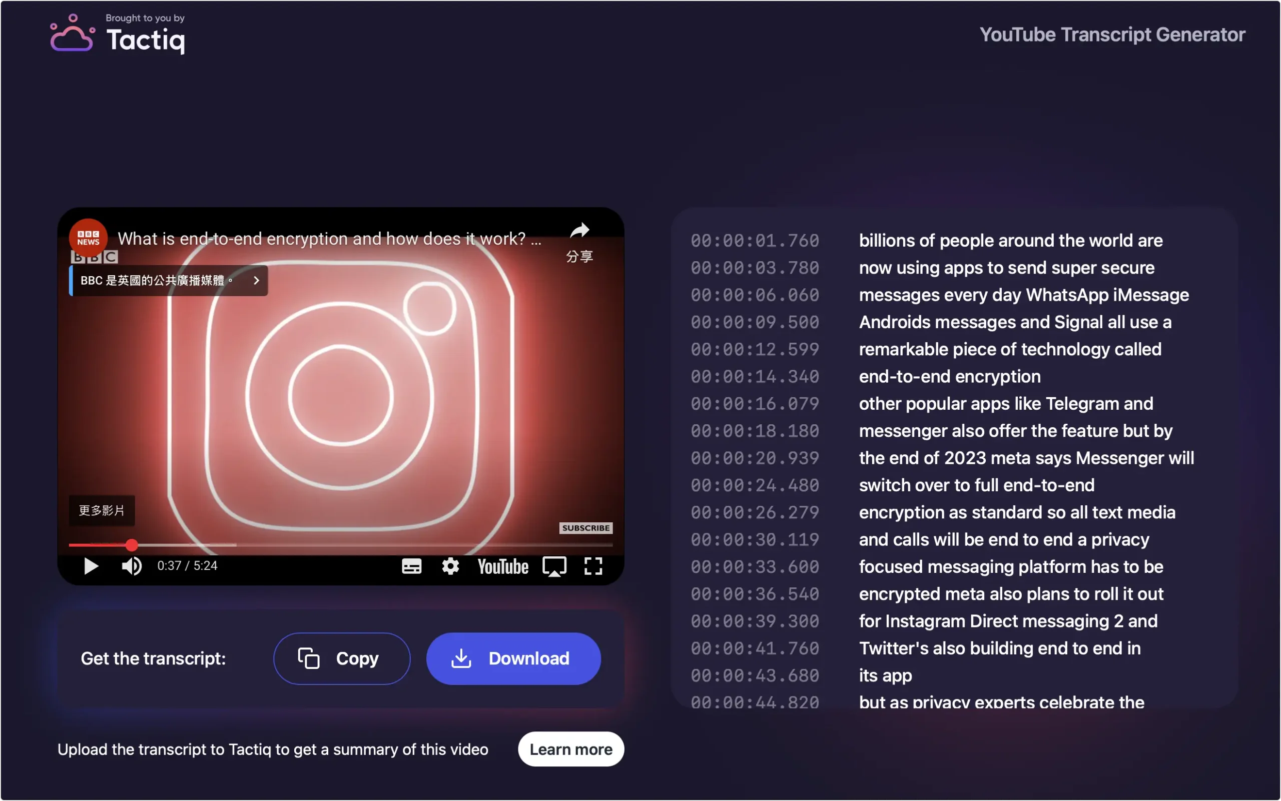 YouTube 影片逐字稿 工具 tactiq.io