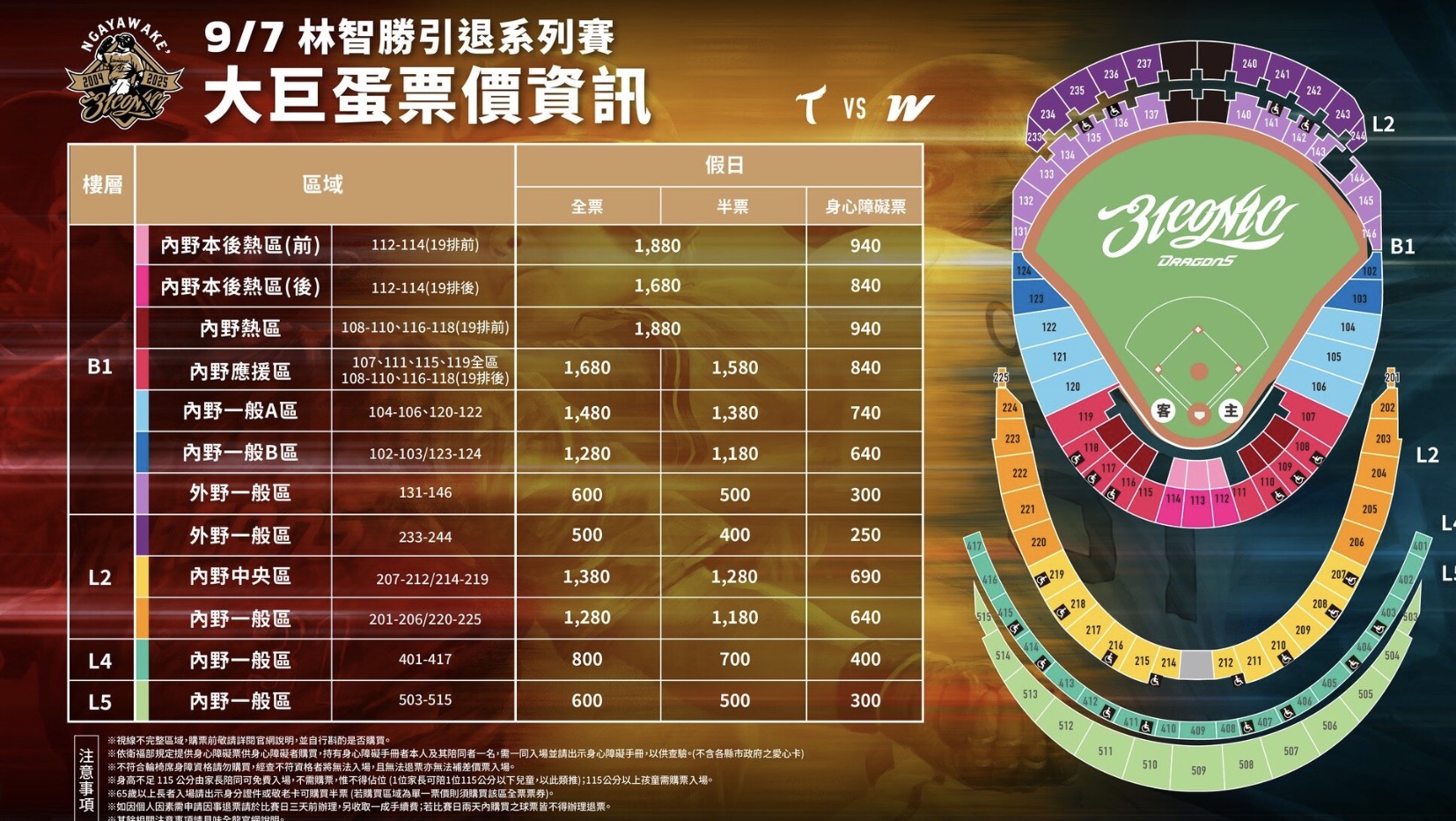 9/6 林智勝引退賽門票大巨蛋票價