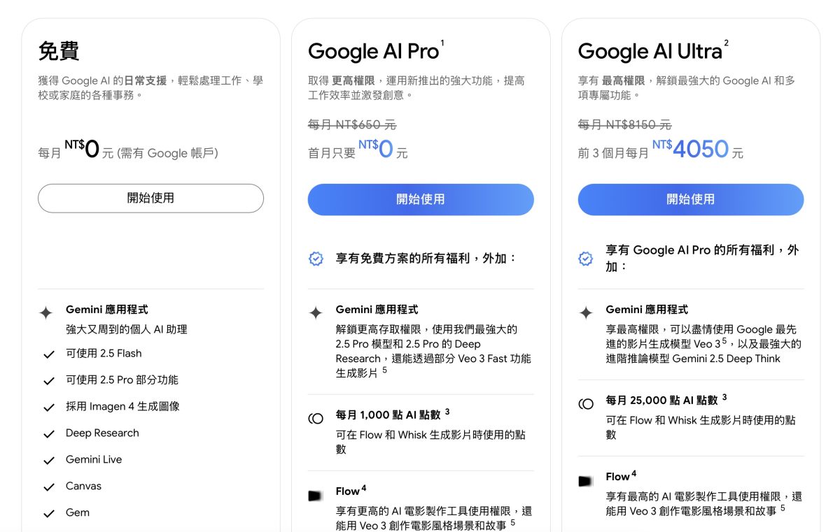 Gemini Google Gemini Gemini 方案 Gemini 免費版 Google AI Pro Google AI Ultra