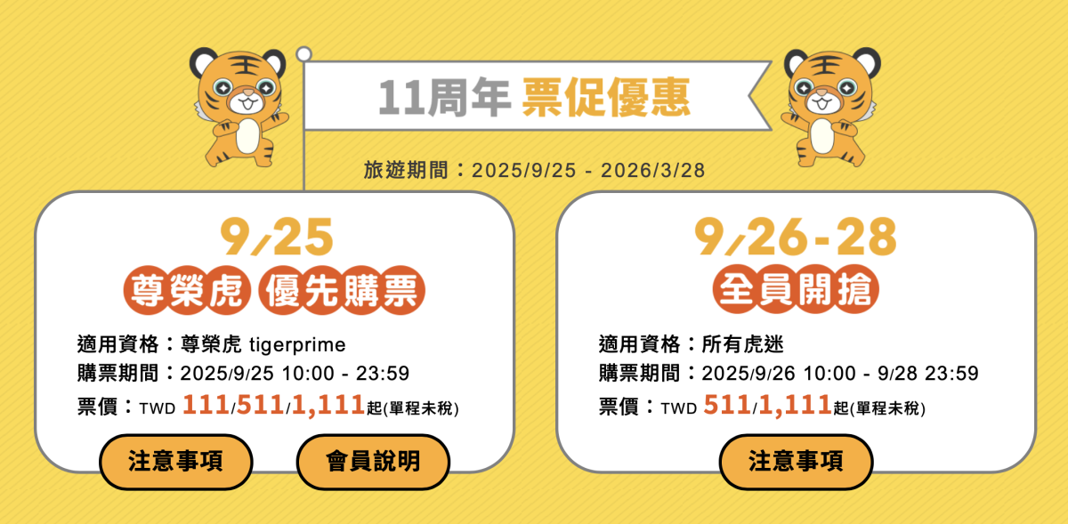 台灣虎航 11 週年優惠活動