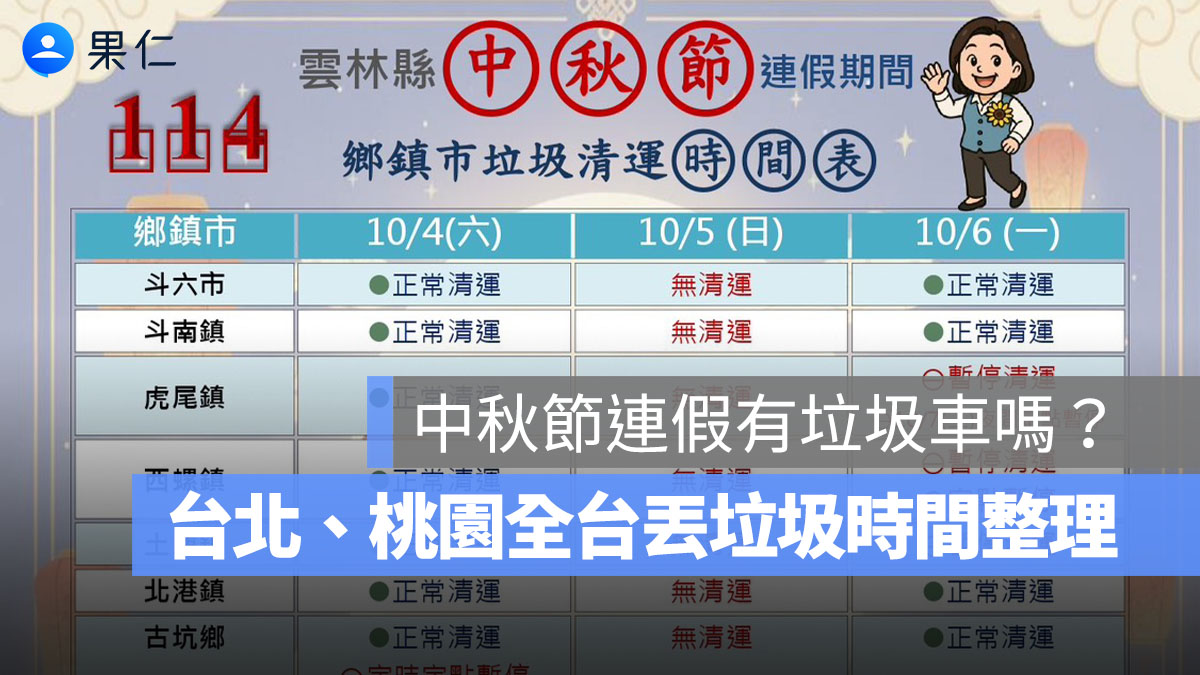 2025 中秋節連假有垃圾車嗎、今天有收垃圾嗎？台北、桃園、台中全台丟垃圾時間整理