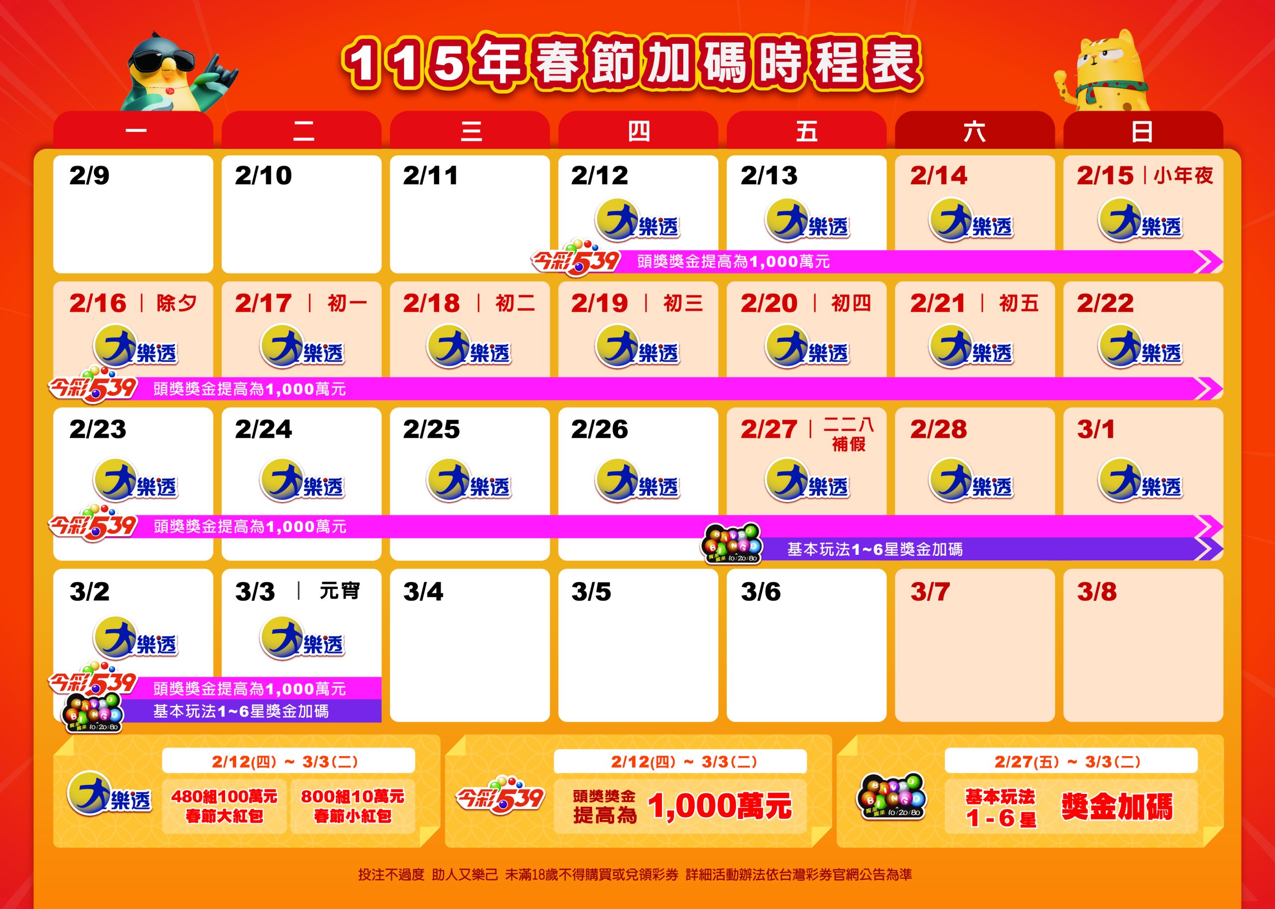 春節大樂透加碼 天天開獎 玩法 規則 時間 日期
