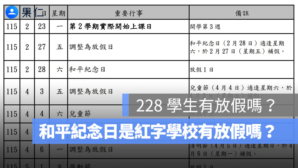2026 年 228 學生有放假嗎？和平紀念日是紅字學校有放假嗎？（115 年）