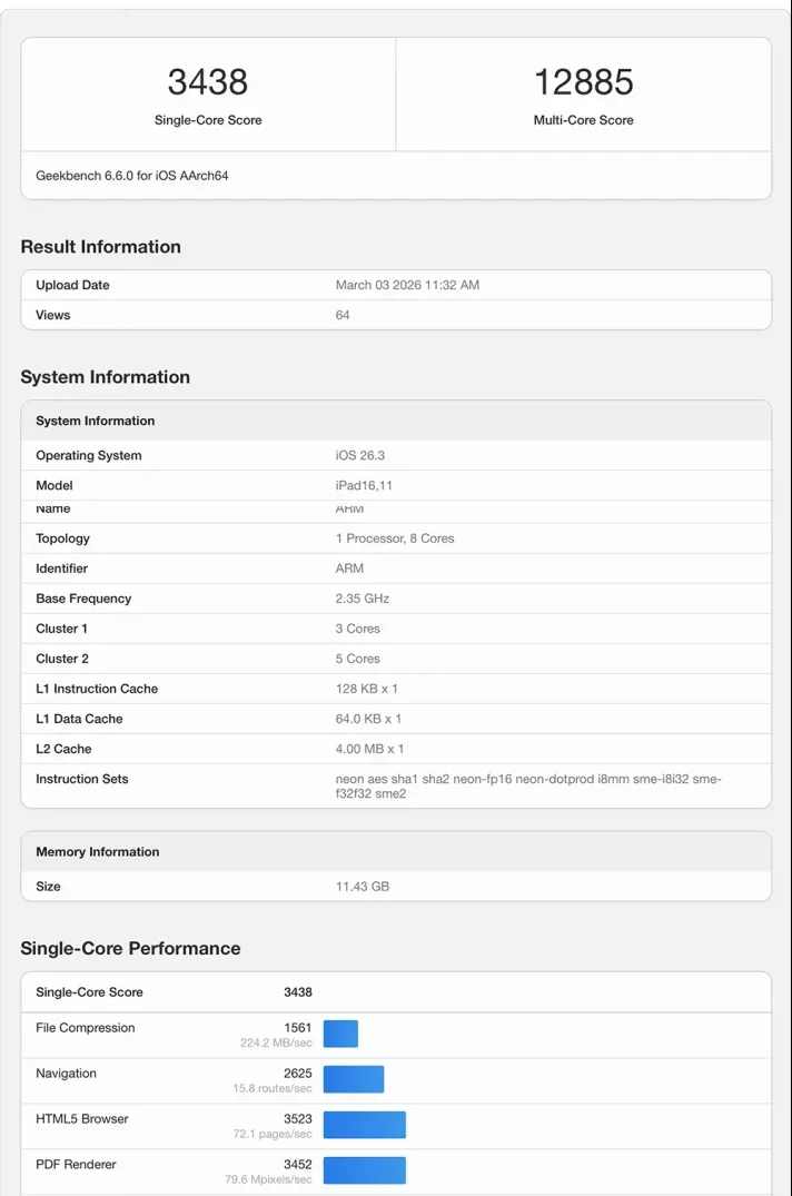 M4 iPadAir 跑分 Geekbench