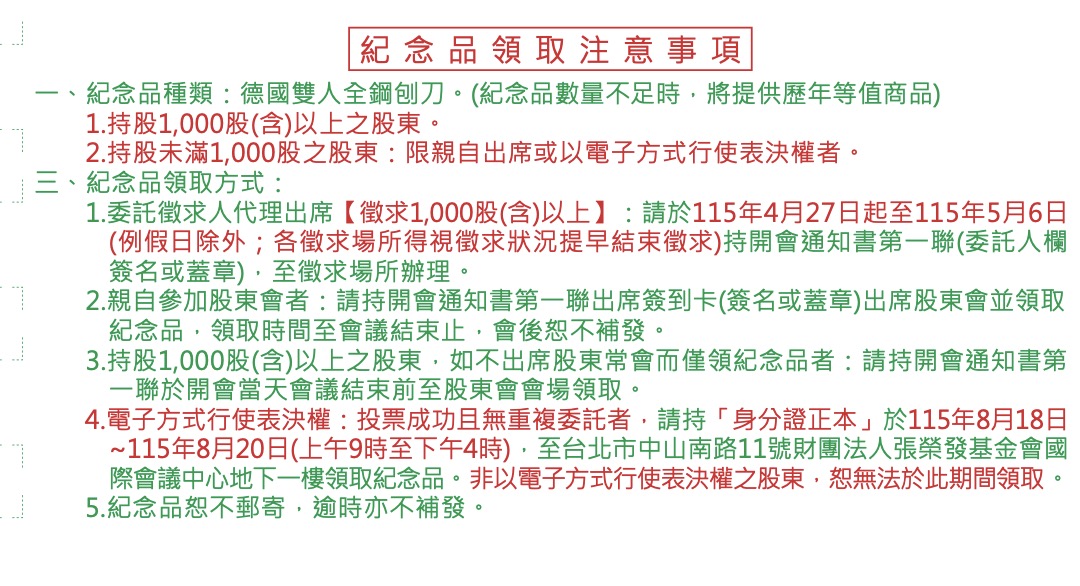 115 長榮海運股東會紀念品領取注意事項。