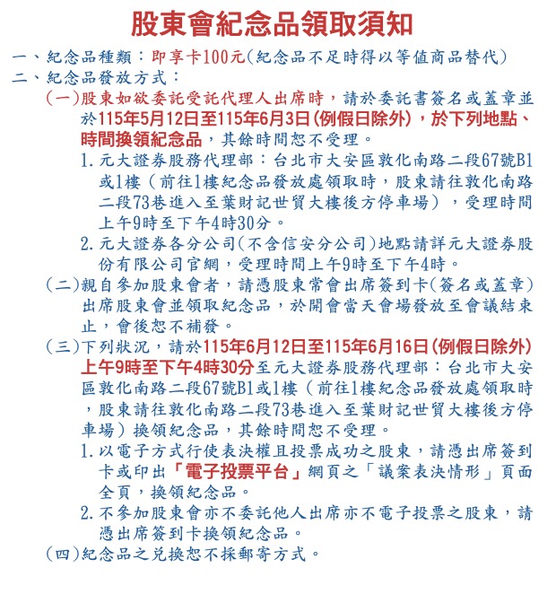 元大金股東會紀念品領取注意事項。115/2026