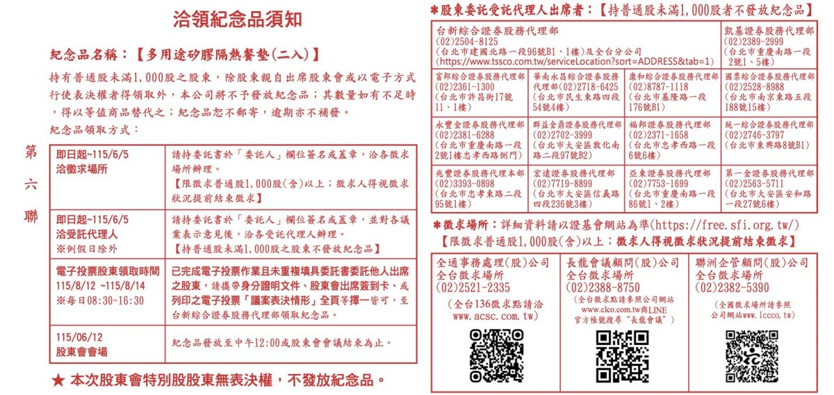 台新新光金股東會紀念品領取書 115。