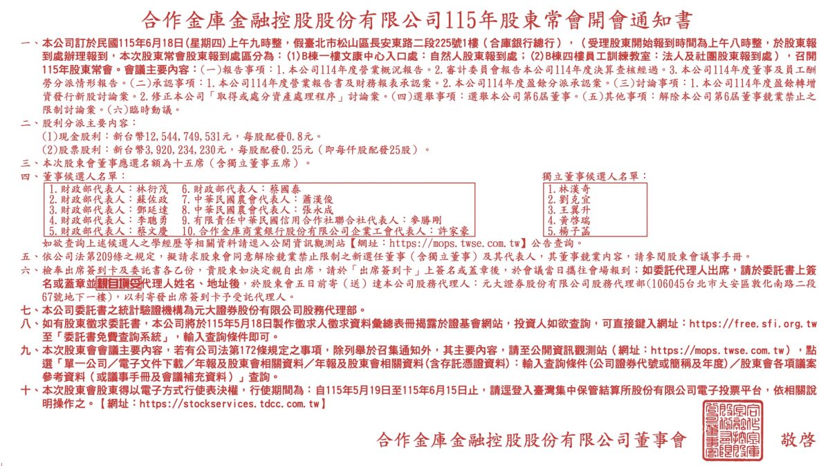 合作金庫股東會開會通知書