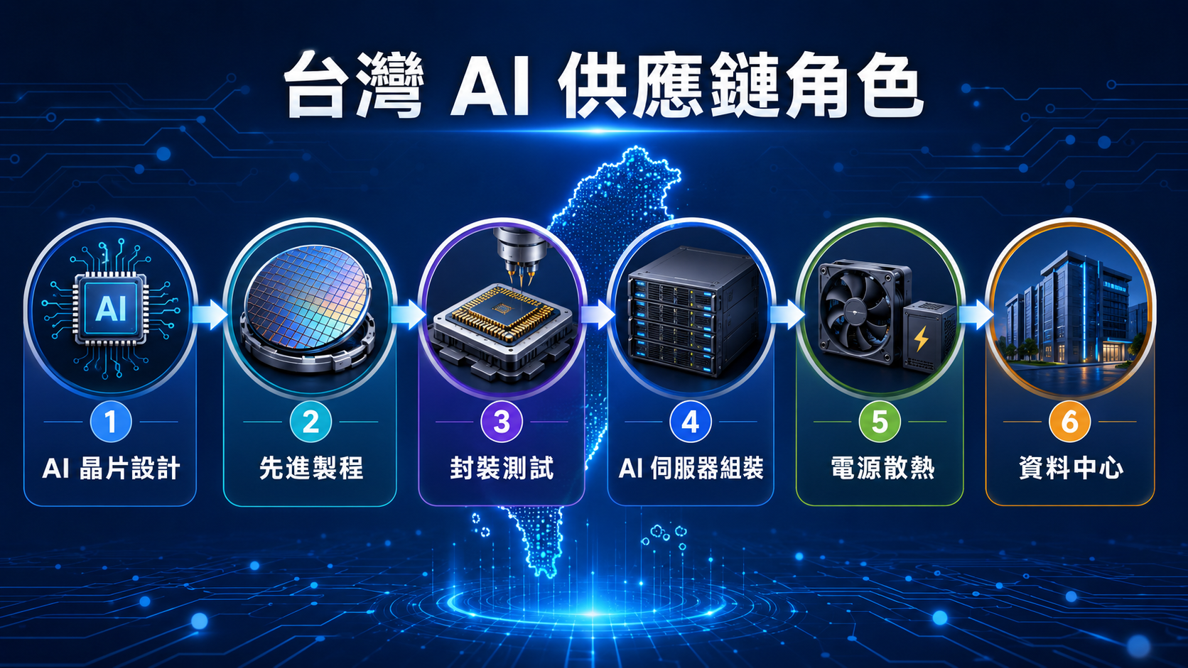 台灣 AI 供應鏈角色」。畫面以流程圖方式呈現 AI 供應鏈從晶片到資料中心的關係