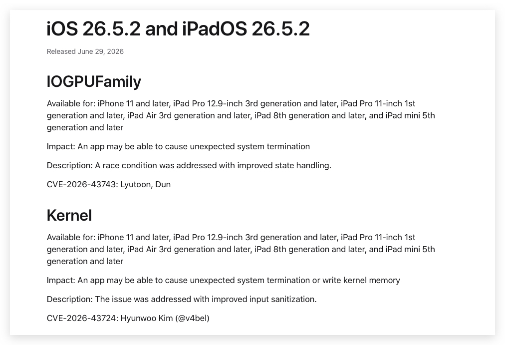 iOS iPhone iOS 26.5.2 iOS 26.5.2 更新