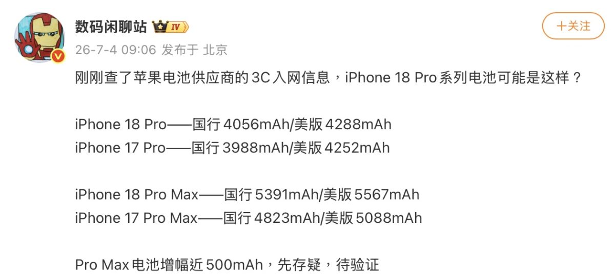 iPhone 18 Pro iPhone 18 Pro Max 電池容量
