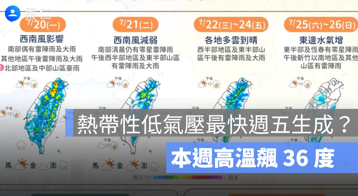 熱帶性低氣壓最快週五生成?本週高溫飆 36 度,週末東半部降雨增加
