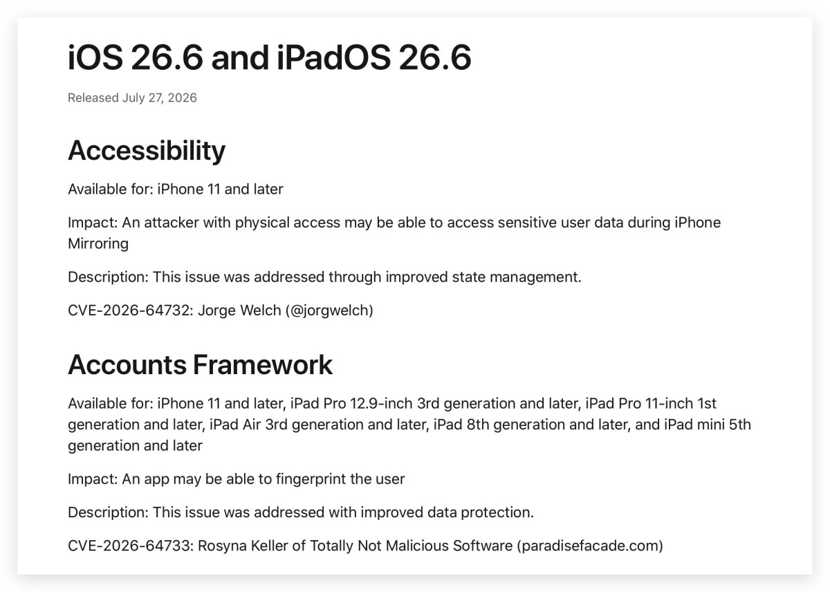 iOS 26.6 iPadOS 26.6 watchOS 26.6 macOS 26.6 tvOS 26.6 visionOS 26.6