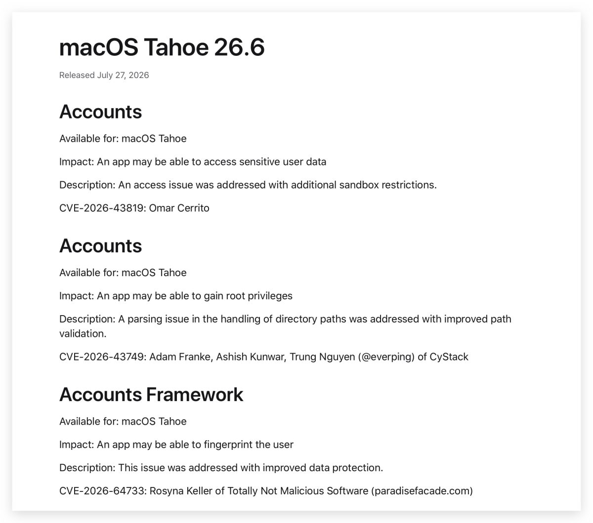 iOS 26.6 iPadOS 26.6 watchOS 26.6 macOS 26.6 tvOS 26.6 visionOS 26.6